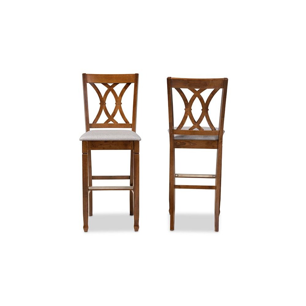 Grey Fabric Upholstered and Walnut Brown Finished Wood 2-Piece Bar Stool Set