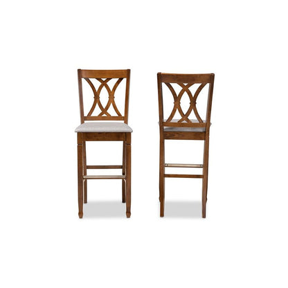 Grey Fabric Upholstered and Walnut Brown Finished Wood 2-Piece Bar Stool Set