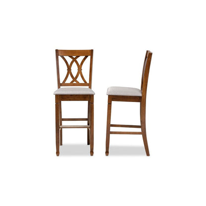 Grey Fabric Upholstered and Walnut Brown Finished Wood 2-Piece Bar Stool Set