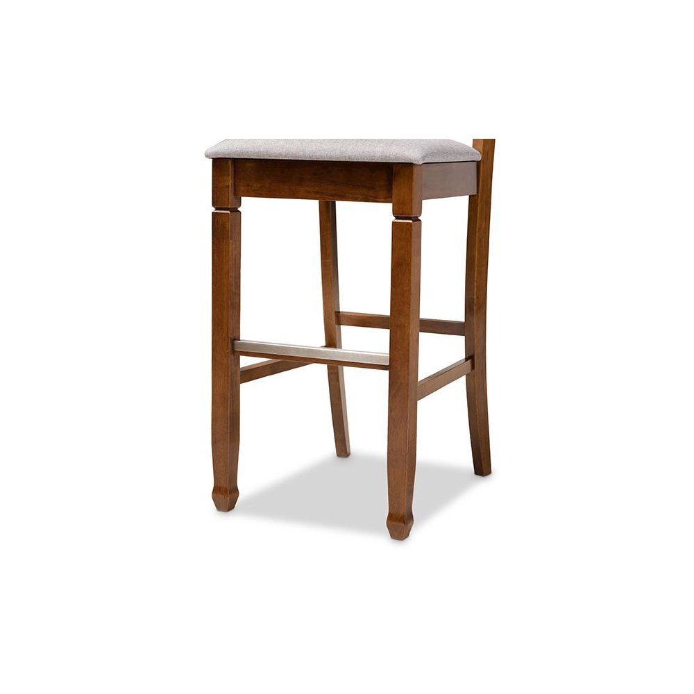 Grey Fabric Upholstered and Walnut Brown Finished Wood 2-Piece Bar Stool Set