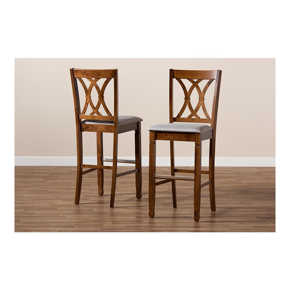 Grey Fabric Upholstered and Walnut Brown Finished Wood 2-Piece Bar Stool Set