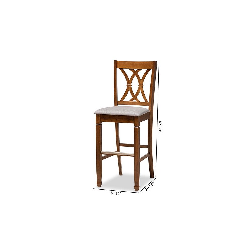 Grey Fabric Upholstered and Walnut Brown Finished Wood 2-Piece Bar Stool Set