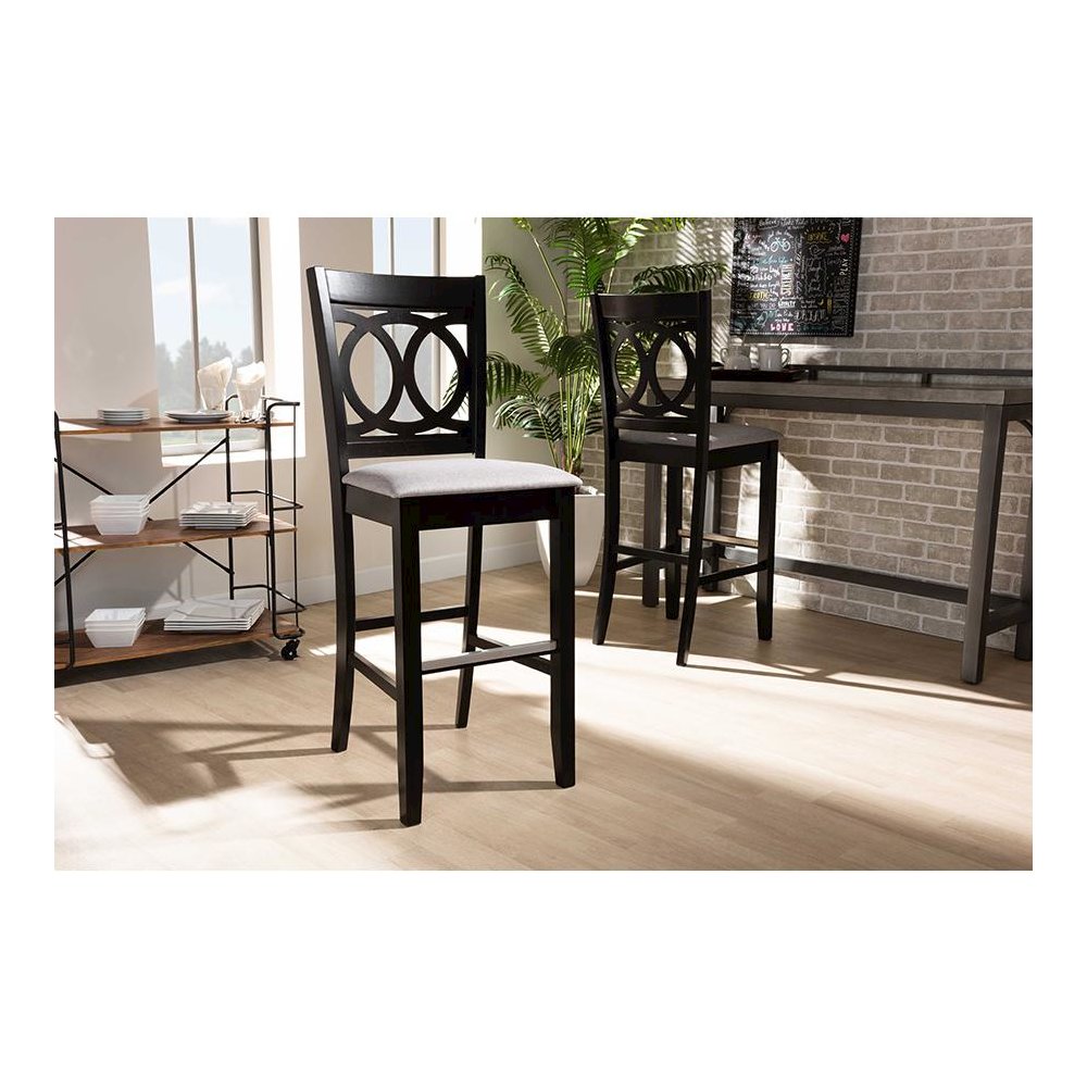 Grey Fabric Upholstered and Espresso Brown Finished Wood 2-Piece Bar Stool Set