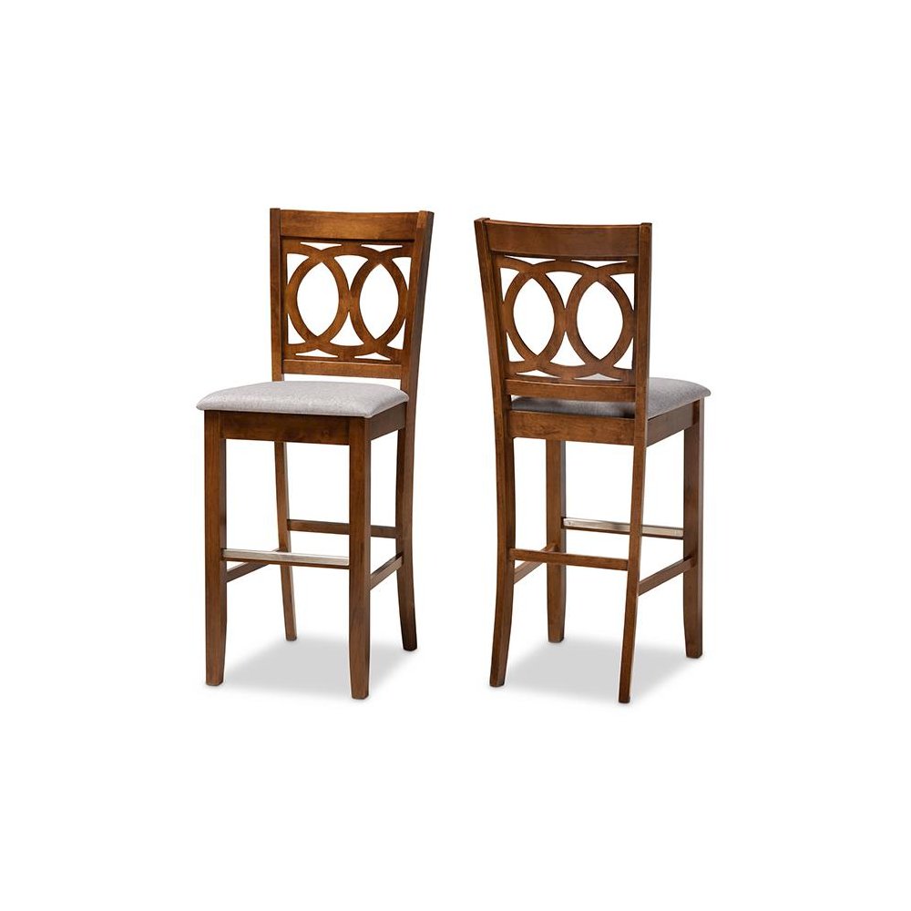 Grey Fabric Upholstered and Walnut Brown Finished Wood 2-Piece Bar Stool Set