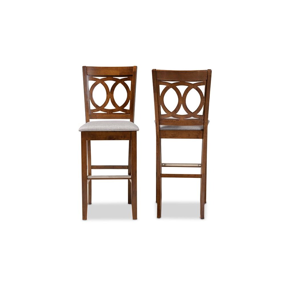 Grey Fabric Upholstered and Walnut Brown Finished Wood 2-Piece Bar Stool Set