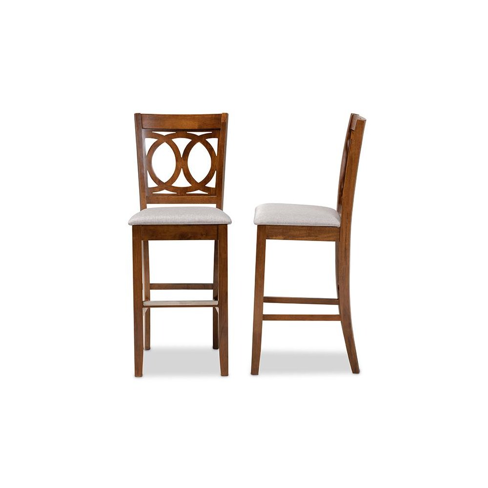 Grey Fabric Upholstered and Walnut Brown Finished Wood 2-Piece Bar Stool Set