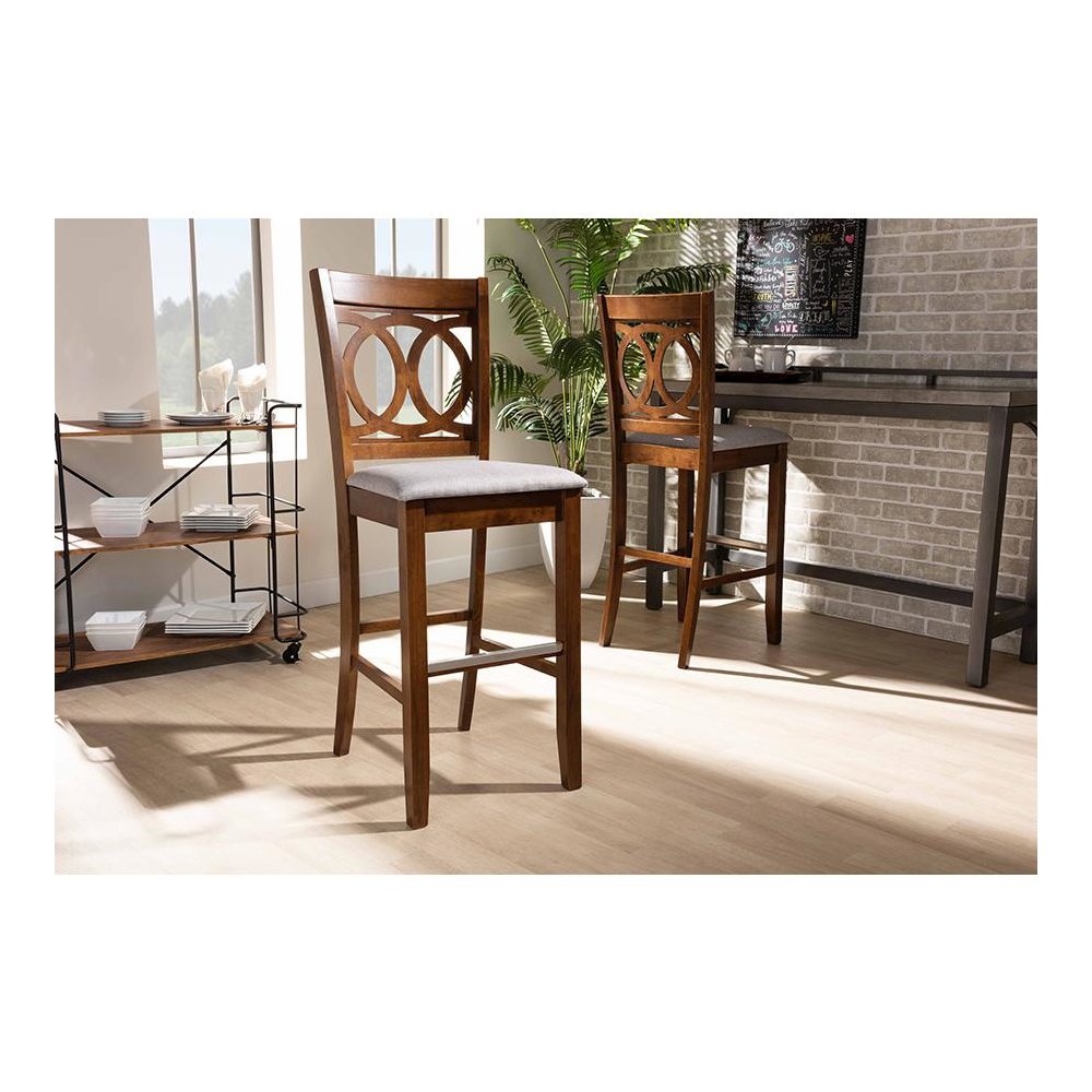 Grey Fabric Upholstered and Walnut Brown Finished Wood 2-Piece Bar Stool Set
