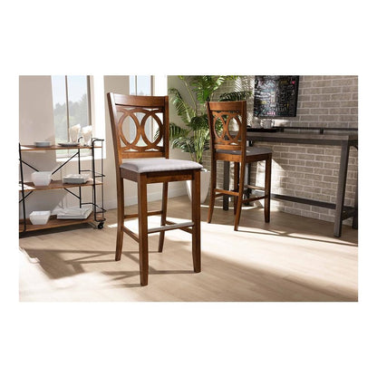 Grey Fabric Upholstered and Walnut Brown Finished Wood 2-Piece Bar Stool Set
