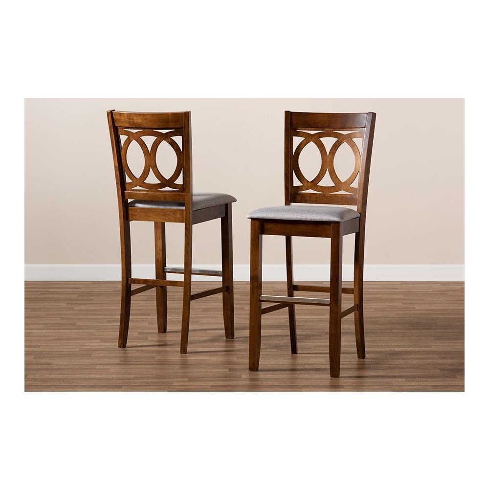 Grey Fabric Upholstered and Walnut Brown Finished Wood 2-Piece Bar Stool Set