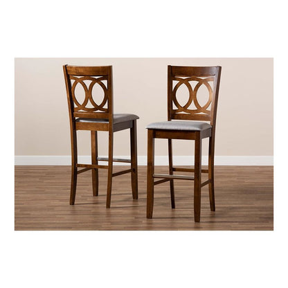 Grey Fabric Upholstered and Walnut Brown Finished Wood 2-Piece Bar Stool Set