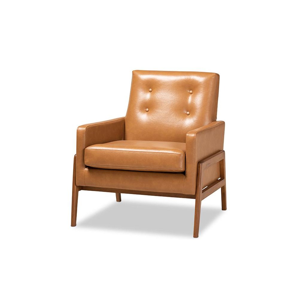 Leather Upholstered and Walnut Brown Finished Wood Lounge Chair