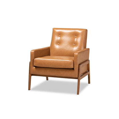 Leather Upholstered and Walnut Brown Finished Wood Lounge Chair