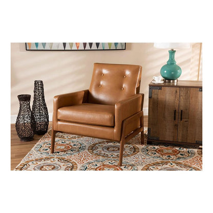 Leather Upholstered and Walnut Brown Finished Wood Lounge Chair