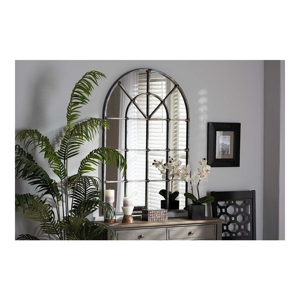 Vintage Farmhouse Antique Silver Finished Arched Window Accent Wall Mirror