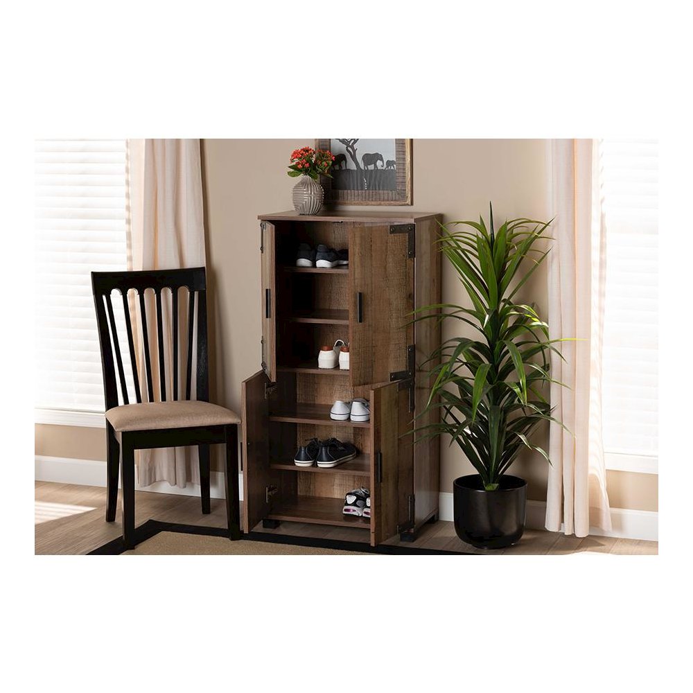 Farmhouse Rustic Finished Wood 4-Door Shoe Cabinet