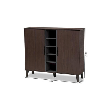 Two-Tone Dark Brown and Grey Finished Wood 2-Door Shoe Cabinet