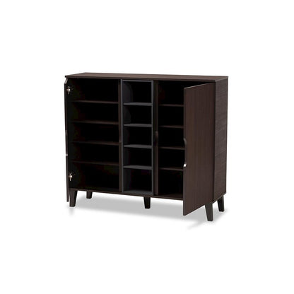 Two-Tone Dark Brown and Grey Finished Wood 2-Door Shoe Cabinet