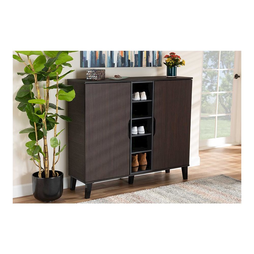 Two-Tone Dark Brown and Grey Finished Wood 2-Door Shoe Cabinet