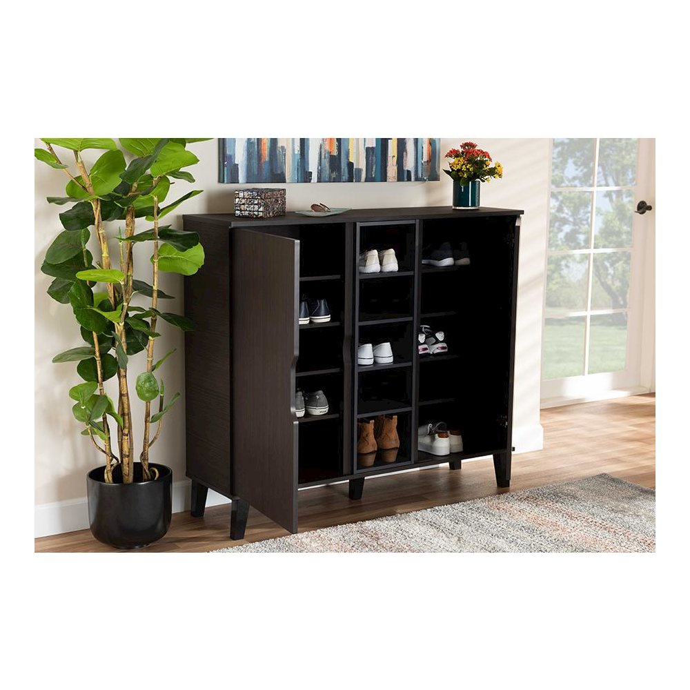 Two-Tone Dark Brown and Grey Finished Wood 2-Door Shoe Cabinet