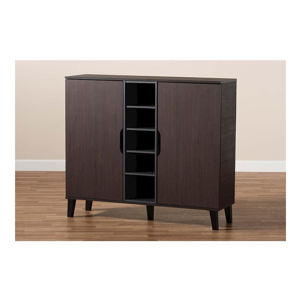 Two-Tone Dark Brown and Grey Finished Wood 2-Door Shoe Cabinet