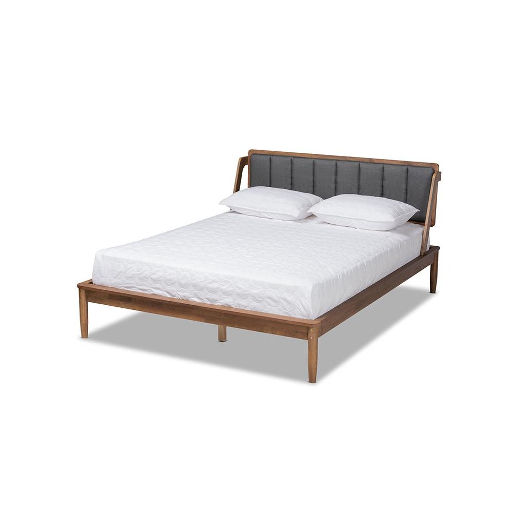 Dark Grey Fabric Upholstered and Walnut Finished Full Size Platform Bed