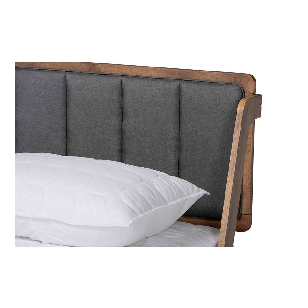 Dark Grey Fabric Upholstered and Walnut Finished Full Size Platform Bed