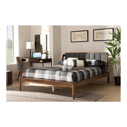 Dark Grey Fabric Upholstered and Walnut Finished Full Size Platform Bed