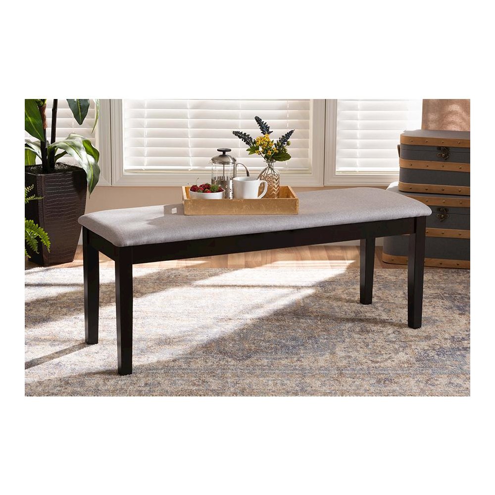 Transitional Grey Fabric Upholstered and Dark Brown Finished Wood Dining Bench