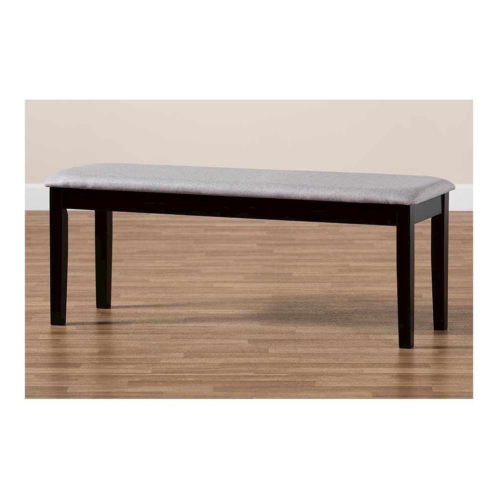 Transitional Grey Fabric Upholstered and Dark Brown Finished Wood Dining Bench