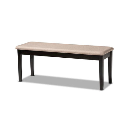 Transitional Sand Fabric Upholstered and Dark Brown Finished Wood Dining Bench