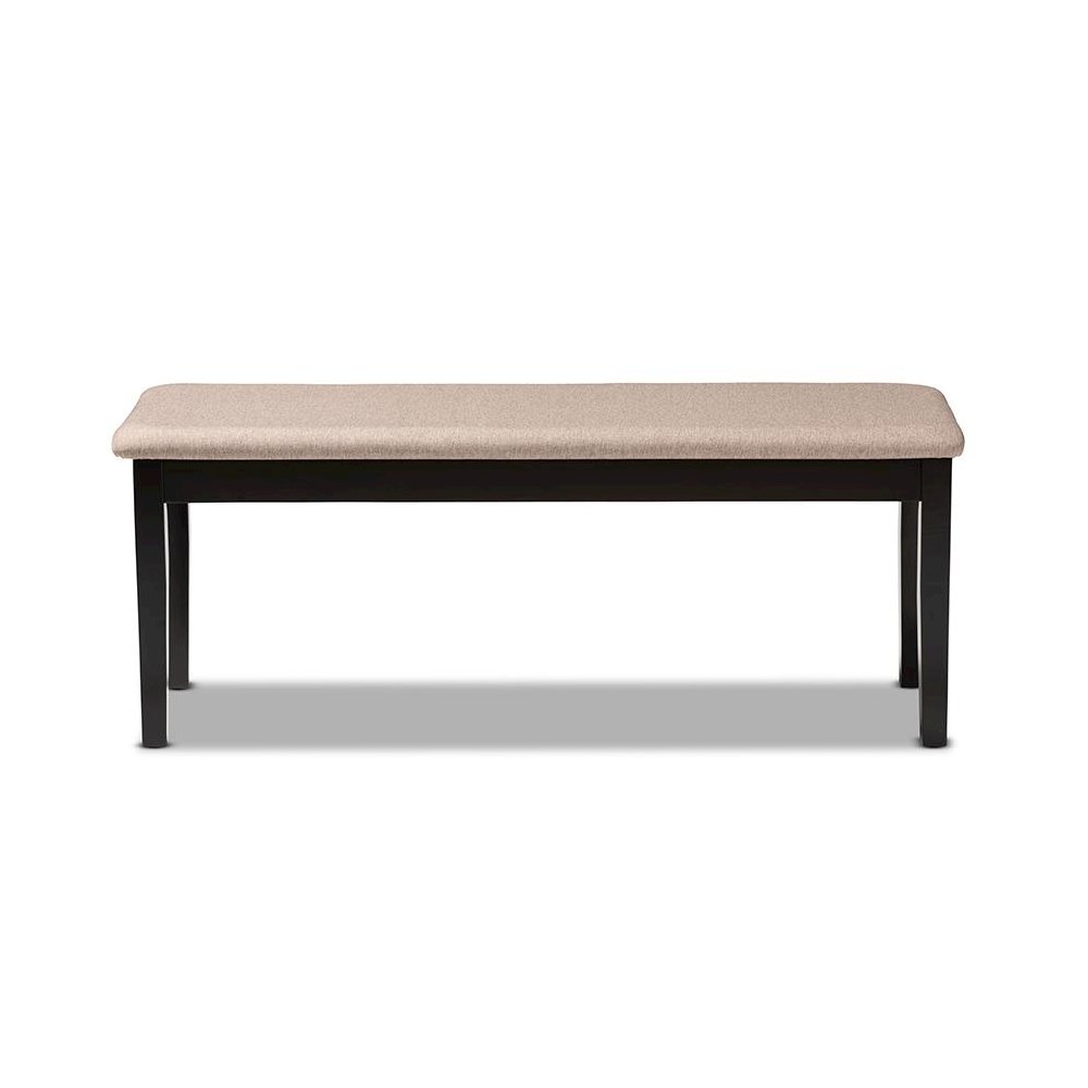 Transitional Sand Fabric Upholstered and Dark Brown Finished Wood Dining Bench