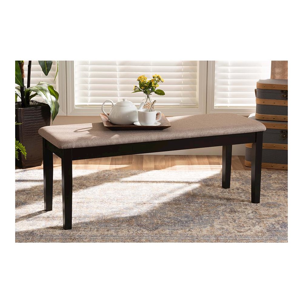 Transitional Sand Fabric Upholstered and Dark Brown Finished Wood Dining Bench
