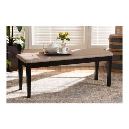 Transitional Sand Fabric Upholstered and Dark Brown Finished Wood Dining Bench