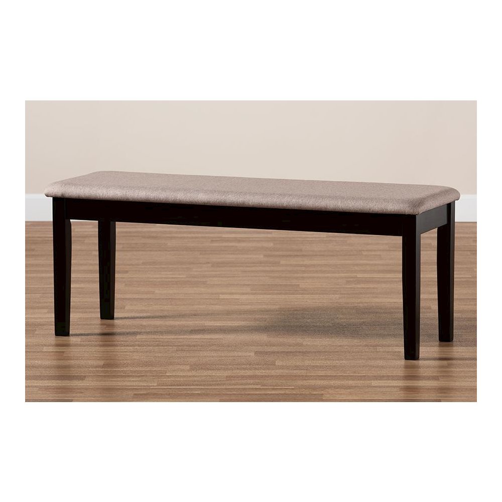 Transitional Sand Fabric Upholstered and Dark Brown Finished Wood Dining Bench