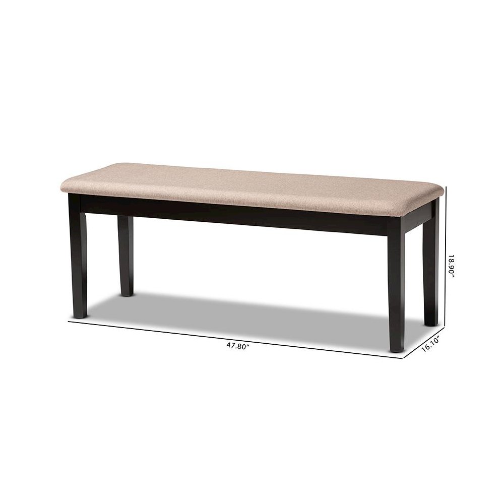 Transitional Sand Fabric Upholstered and Dark Brown Finished Wood Dining Bench