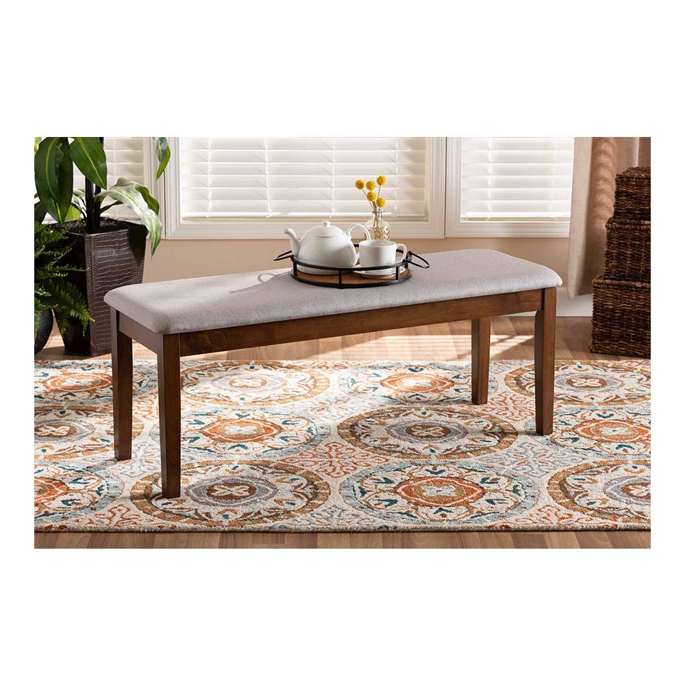 Transitional Grey Fabric Upholstered and Walnut Brown Finished Wood Dining Bench