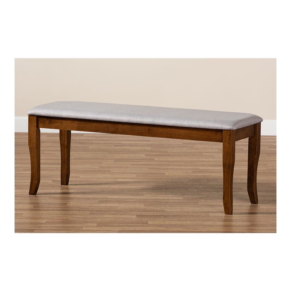 Transitional Grey Fabric Upholstered and Walnut Brown Finished Wood Dining Bench