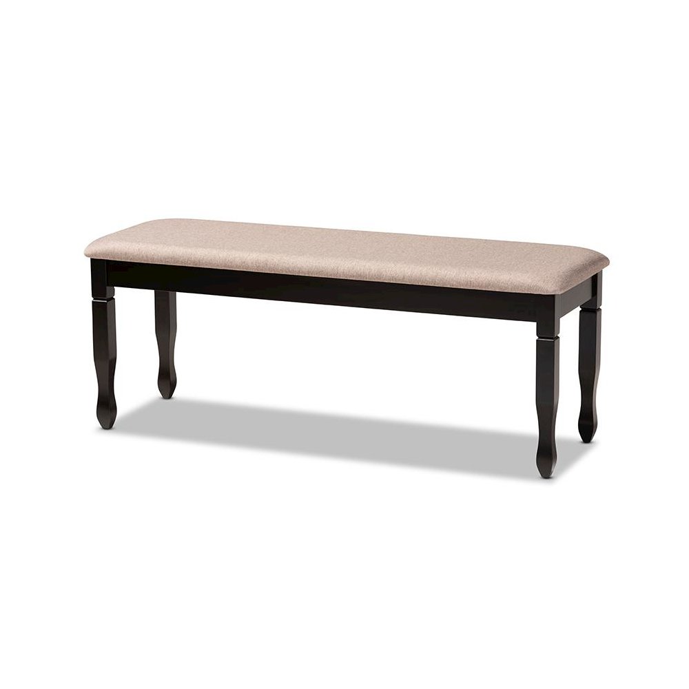 Sand Fabric Upholstered and Dark Brown Finished Wood Dining Bench