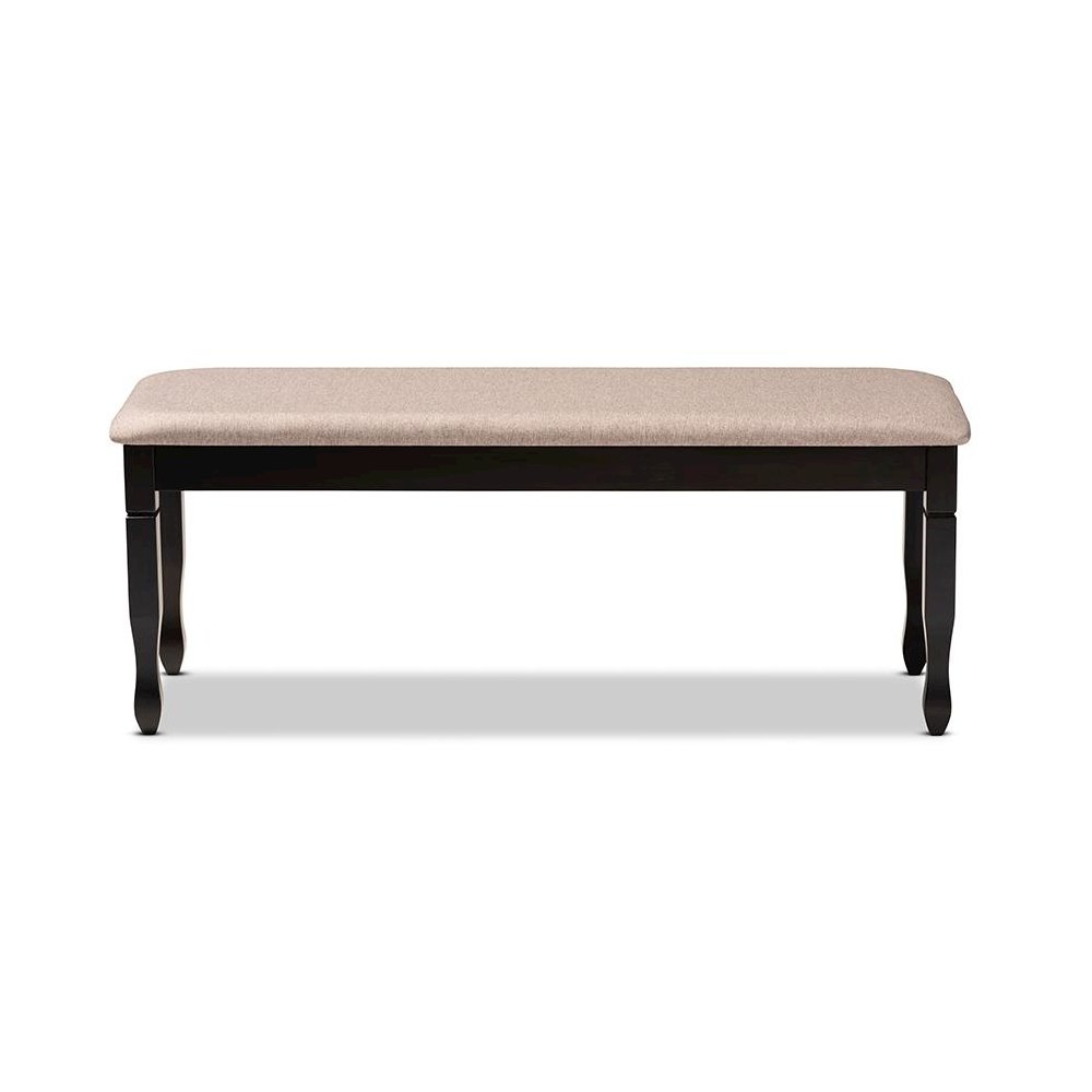 Sand Fabric Upholstered and Dark Brown Finished Wood Dining Bench