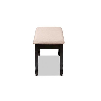 Sand Fabric Upholstered and Dark Brown Finished Wood Dining Bench