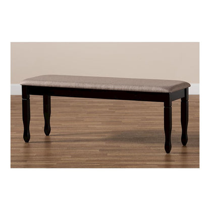 Sand Fabric Upholstered and Dark Brown Finished Wood Dining Bench
