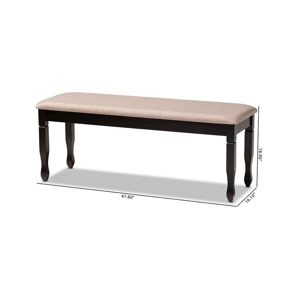 Sand Fabric Upholstered and Dark Brown Finished Wood Dining Bench