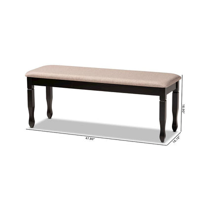 Sand Fabric Upholstered and Dark Brown Finished Wood Dining Bench