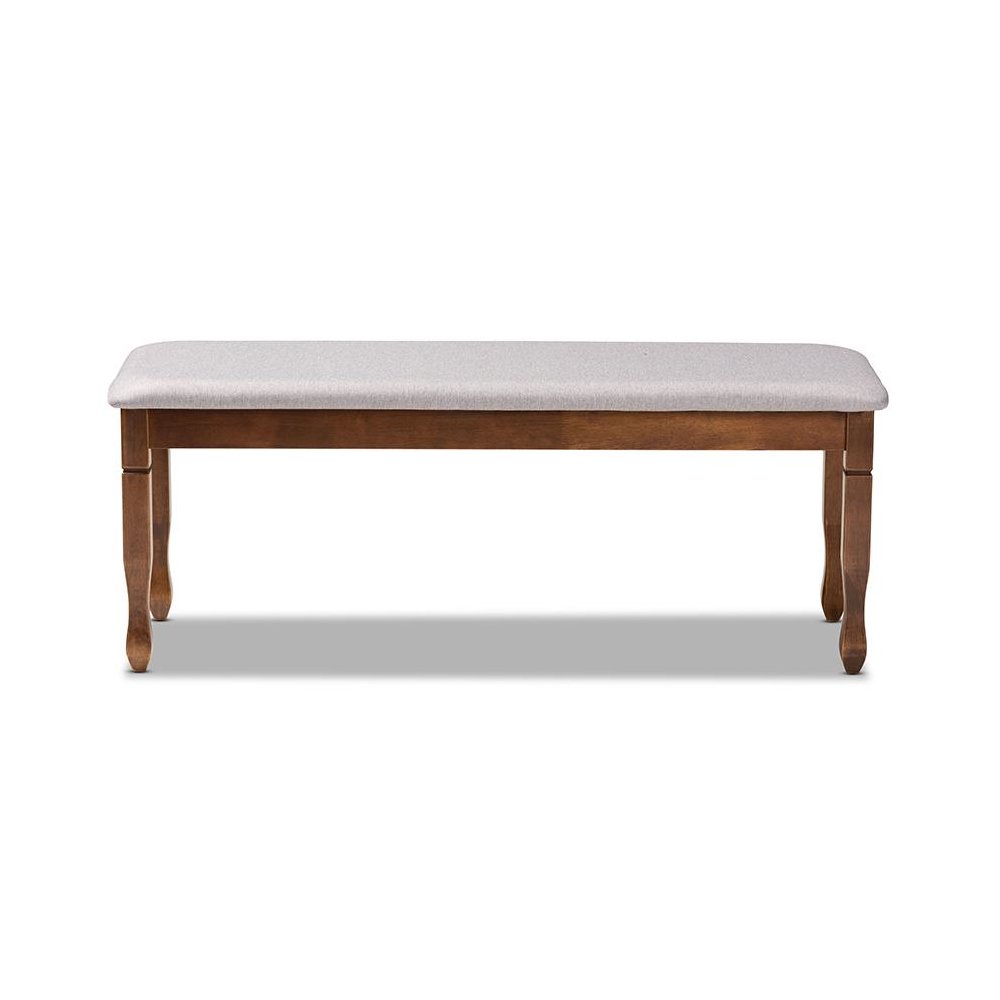 Grey Fabric Upholstered and Walnut Brown Finished Wood Dining Bench