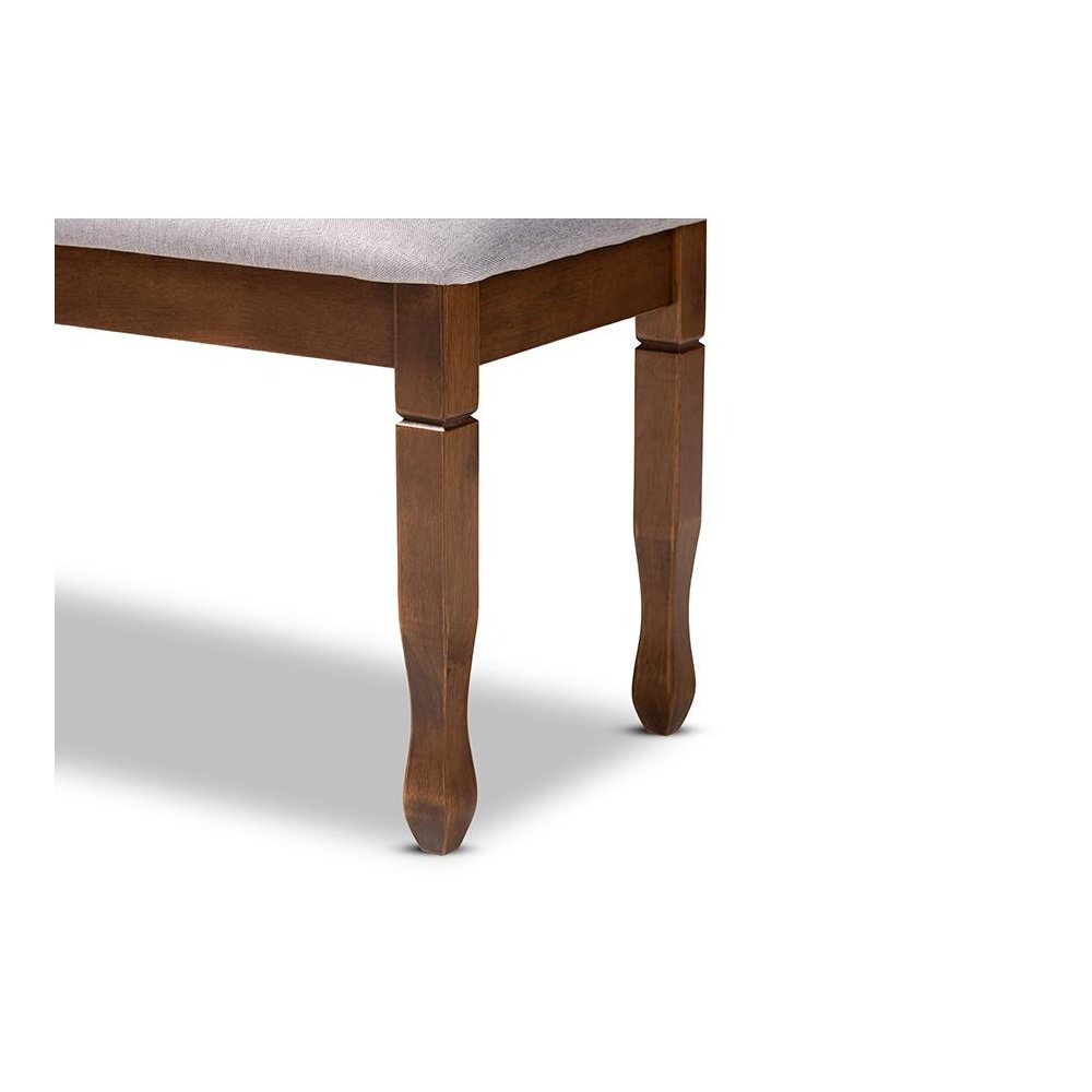 Grey Fabric Upholstered and Walnut Brown Finished Wood Dining Bench