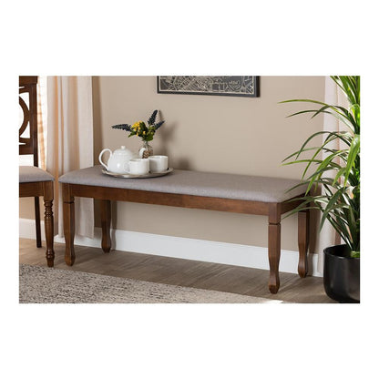 Grey Fabric Upholstered and Walnut Brown Finished Wood Dining Bench