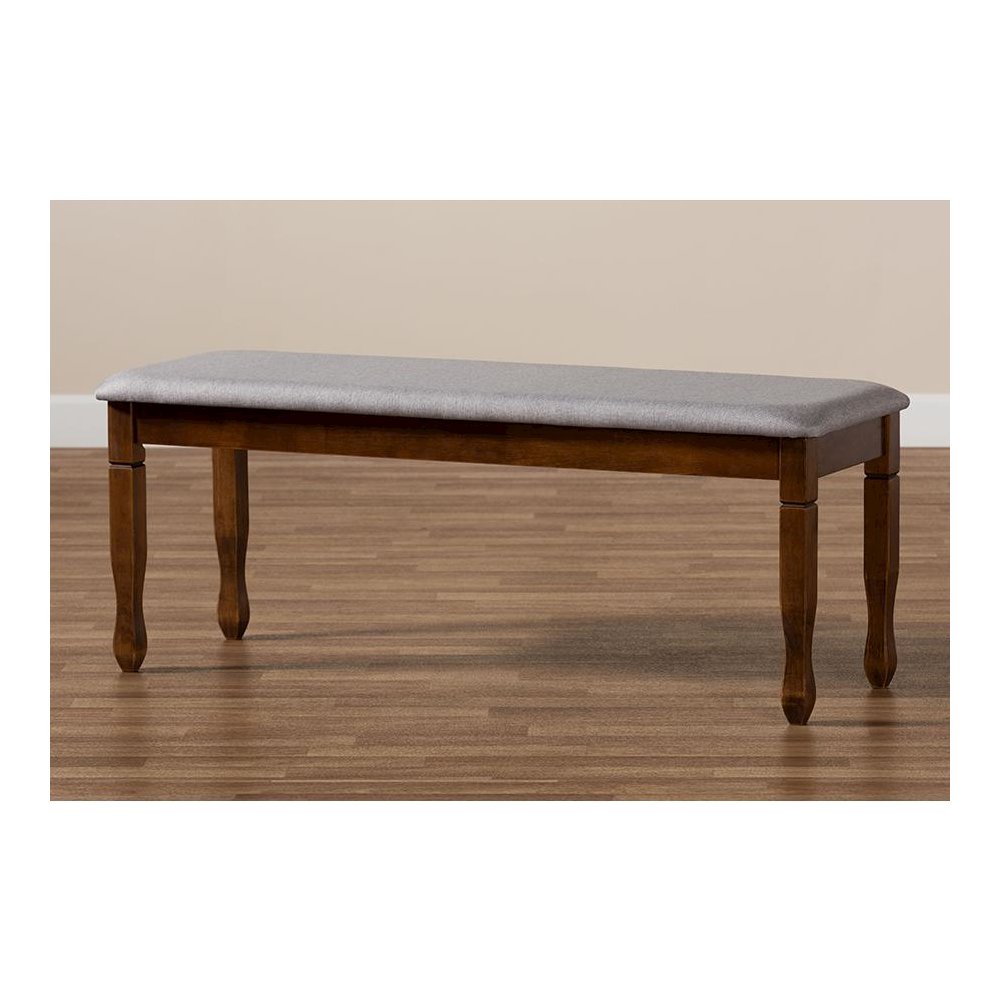 Grey Fabric Upholstered and Walnut Brown Finished Wood Dining Bench