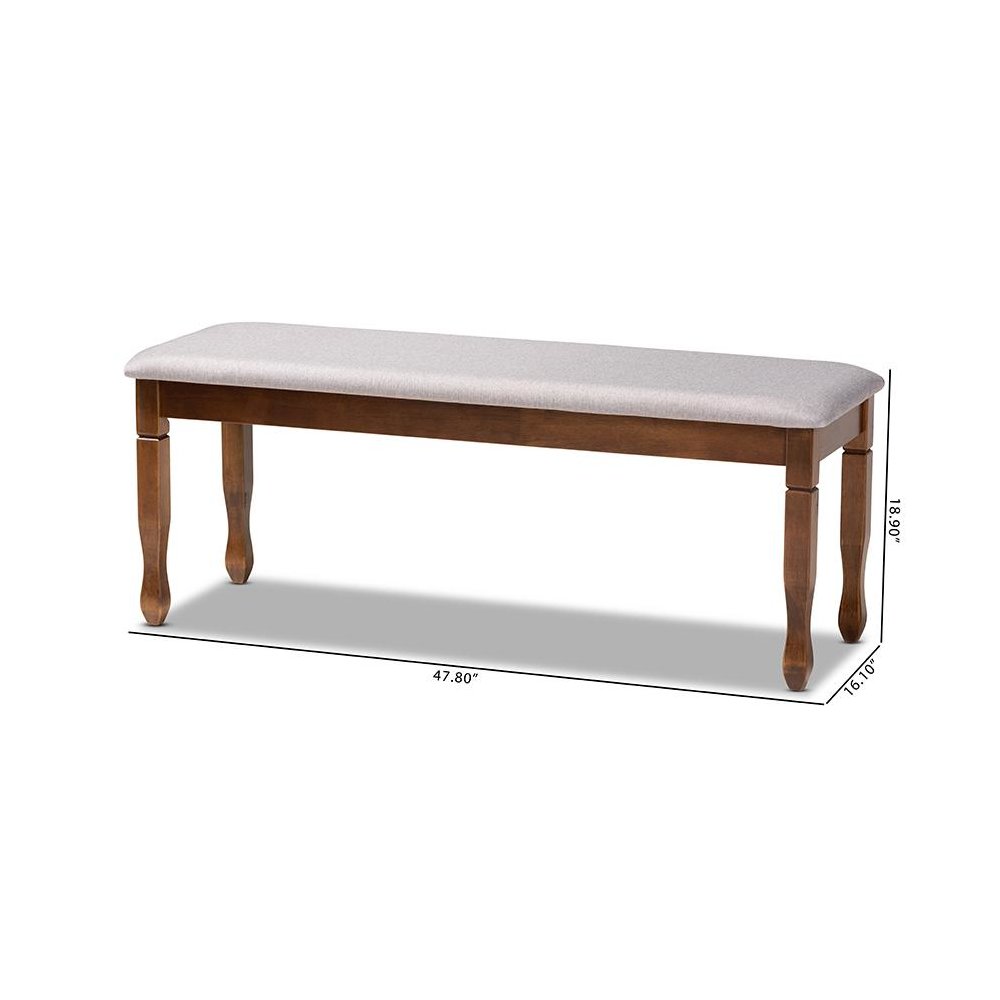 Grey Fabric Upholstered and Walnut Brown Finished Wood Dining Bench