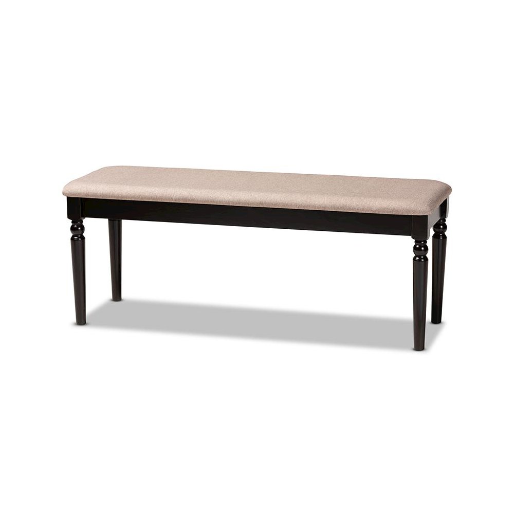 Sand Fabric Upholstered and Dark Brown Finished Wood Dining Bench
