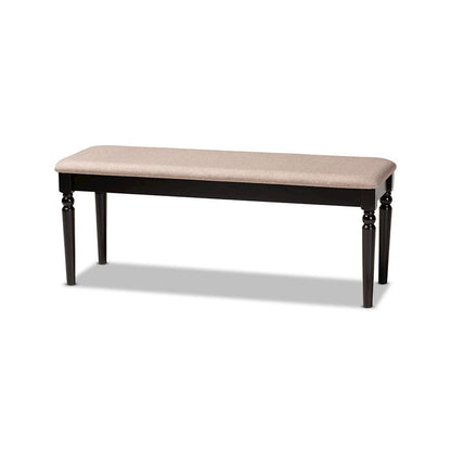 Sand Fabric Upholstered and Dark Brown Finished Wood Dining Bench
